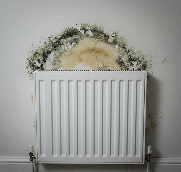 a wall behind a radiator with damp mould patches