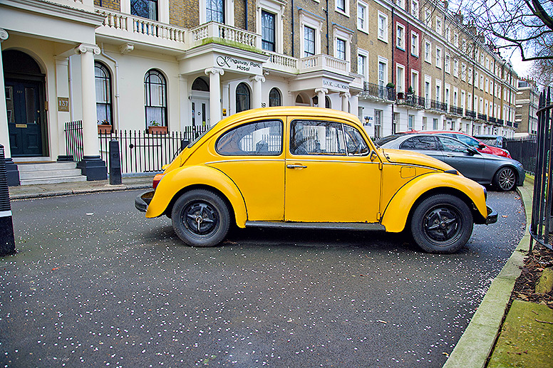 A yellow car in London