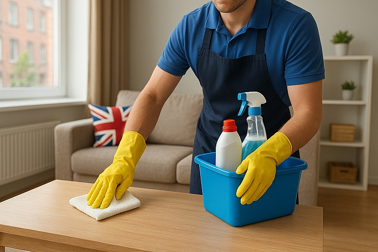 cleaner at work in light filled living room