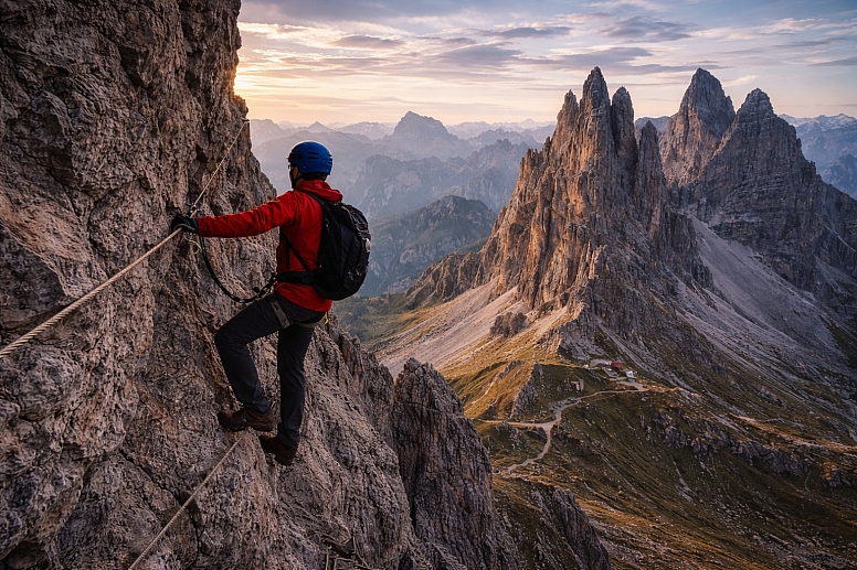 climber on via ferrata at sunset