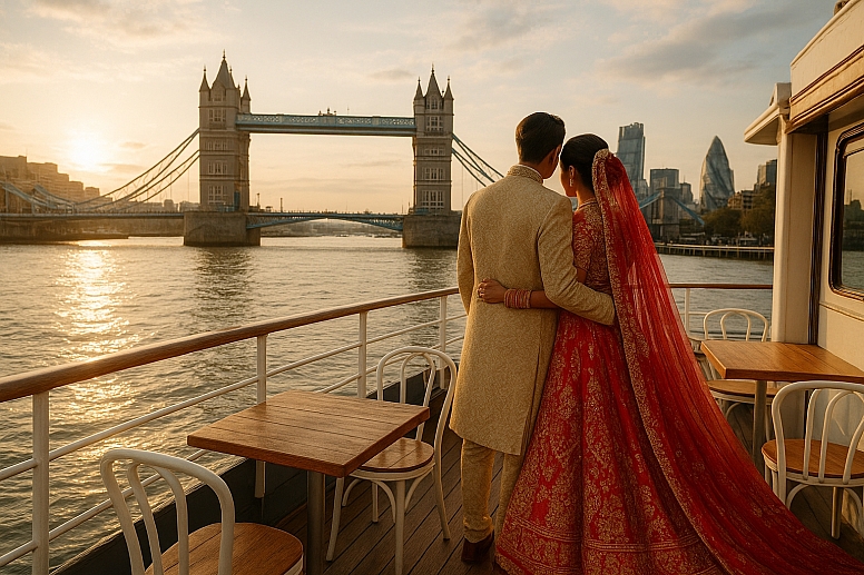 indian couple at tower bridge sunset