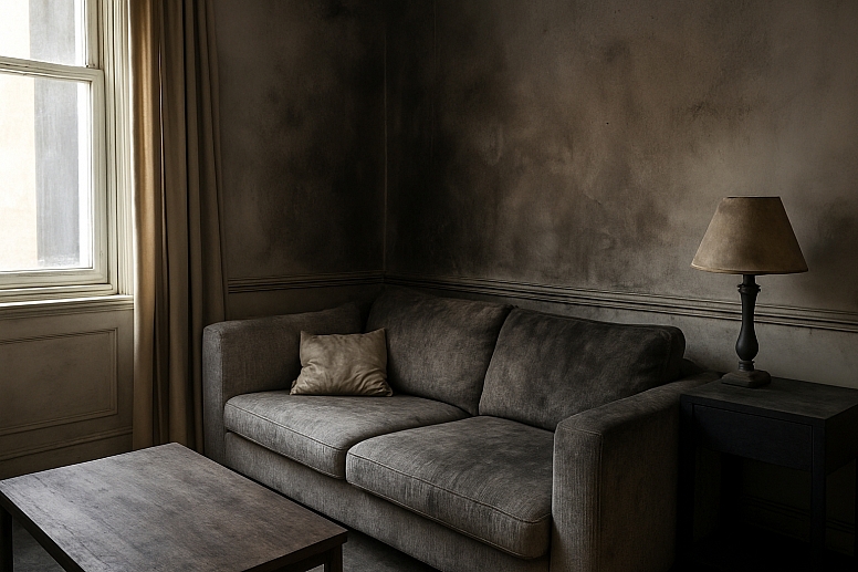 living room with smoke damage