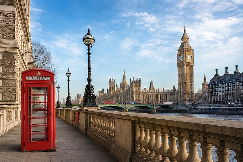 london skyline with red telephone box
