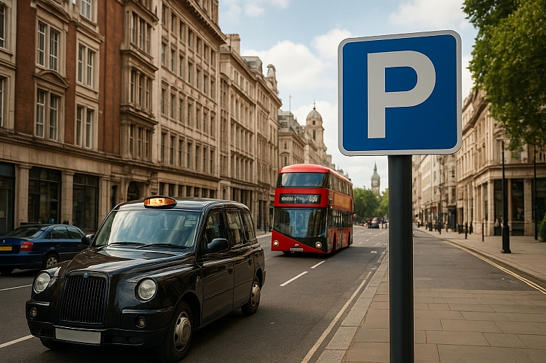 london street scene with taxi and bus