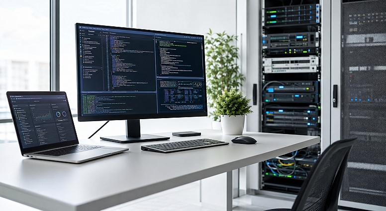 modern tech workspace with server rack