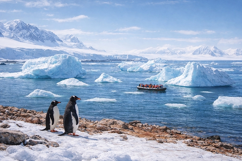 penguins on the antarctic shore