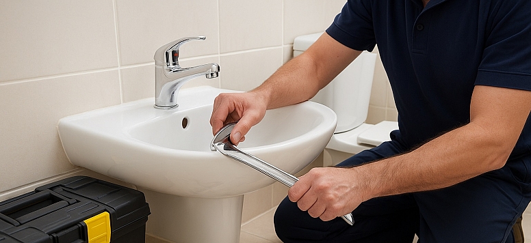 plumber installing a chrome faucet