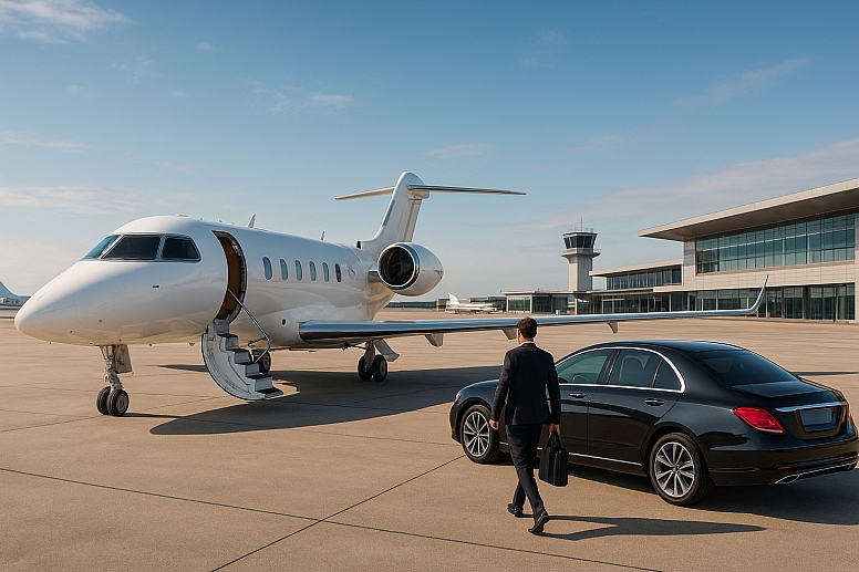 private jet and luxury sedan