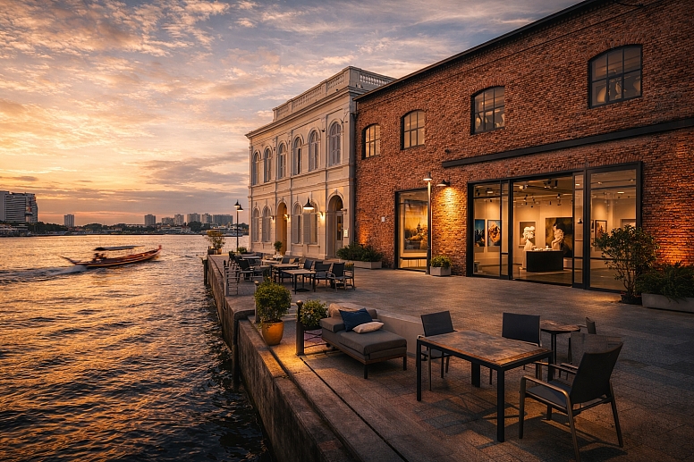 riverside sunset with colonial architecture