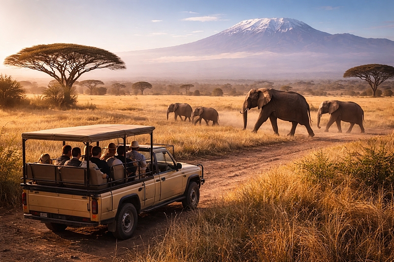 safari adventure with elephants and kilimanjaro