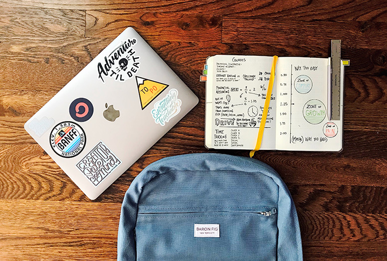 Laptop, backpack and notebook