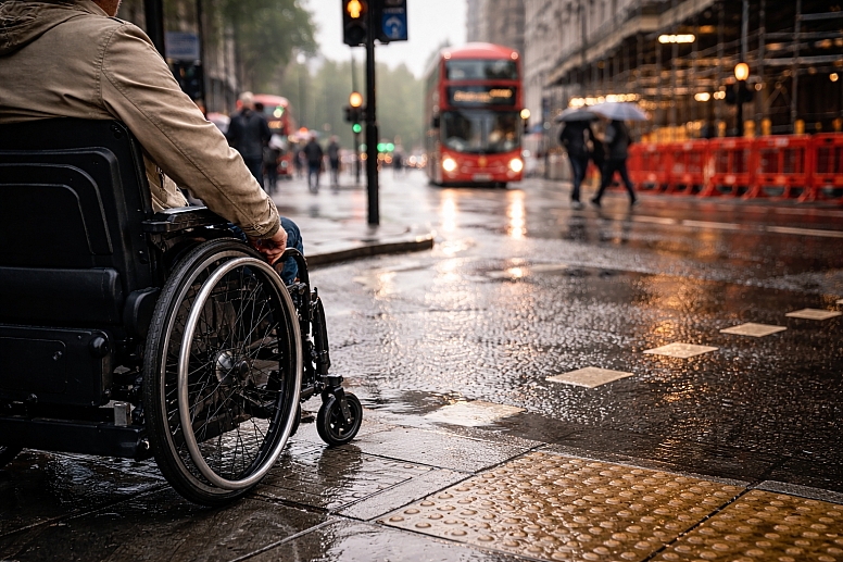 wheelchair user at a rainy london crossing